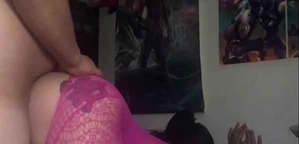  Pink bodystocking buttplug wife getting dicked down